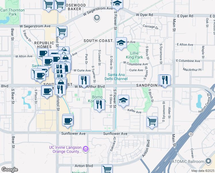 map of restaurants, bars, coffee shops, grocery stores, and more near 1040 West MacArthur Boulevard in Santa Ana