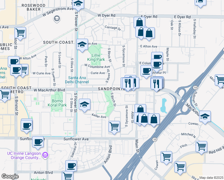 map of restaurants, bars, coffee shops, grocery stores, and more near West MacArthur Boulevard & South Birch Street in Santa Ana