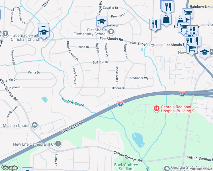 map of restaurants, bars, coffee shops, grocery stores, and more near 2601 Laurice Court in Decatur