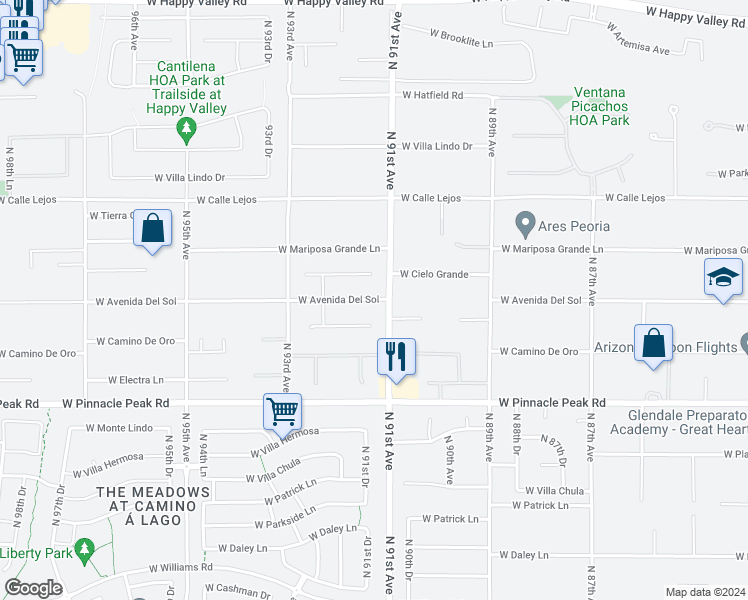 map of restaurants, bars, coffee shops, grocery stores, and more near 9106 West Avenida Del Sol in Peoria