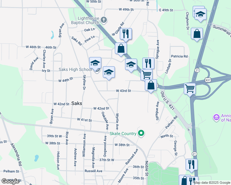 map of restaurants, bars, coffee shops, grocery stores, and more near 4214 Myrtle Avenue in Anniston