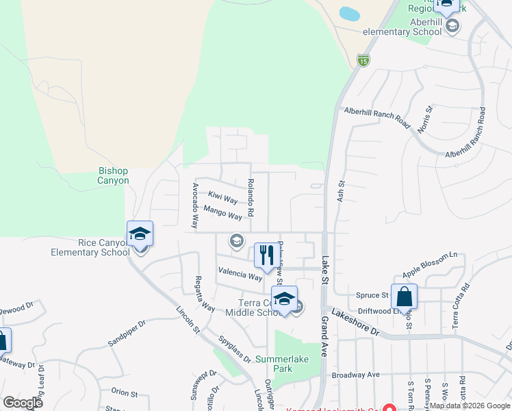 map of restaurants, bars, coffee shops, grocery stores, and more near 29034 Rolando Road in Lake Elsinore