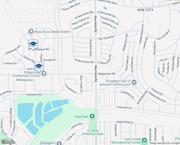 map of restaurants, bars, coffee shops, grocery stores, and more near 25946 Ridgemoor Road in Menifee