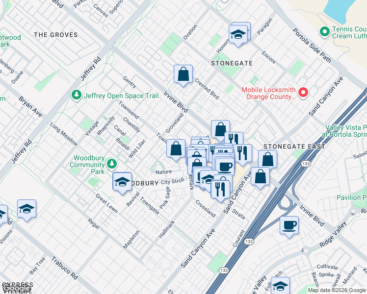 map of restaurants, bars, coffee shops, grocery stores, and more near 216 Piedmont in Irvine