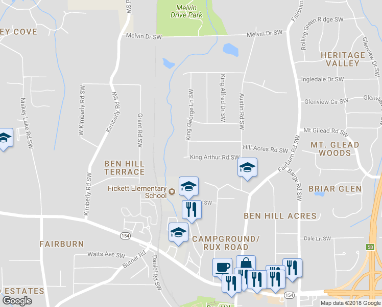 map of restaurants, bars, coffee shops, grocery stores, and more near 3897 King Arthur Road Southwest in Atlanta