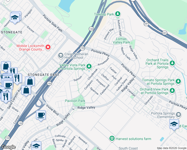 map of restaurants, bars, coffee shops, grocery stores, and more near 153 Cloudbreak in Irvine
