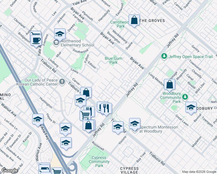 map of restaurants, bars, coffee shops, grocery stores, and more near 54 Shadowplay in Irvine