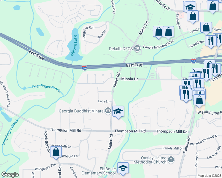 map of restaurants, bars, coffee shops, grocery stores, and more near 4949 Shire Drive in Stonecrest