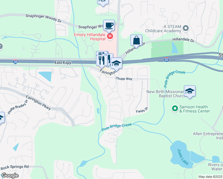 map of restaurants, bars, coffee shops, grocery stores, and more near Parc Lorraine in Stonecrest