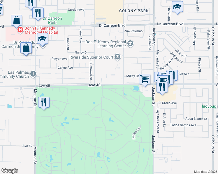 map of restaurants, bars, coffee shops, grocery stores, and more near 82567 Avenue 48 in Indio