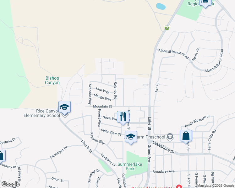 map of restaurants, bars, coffee shops, grocery stores, and more near 29034 Rolando Road in Lake Elsinore