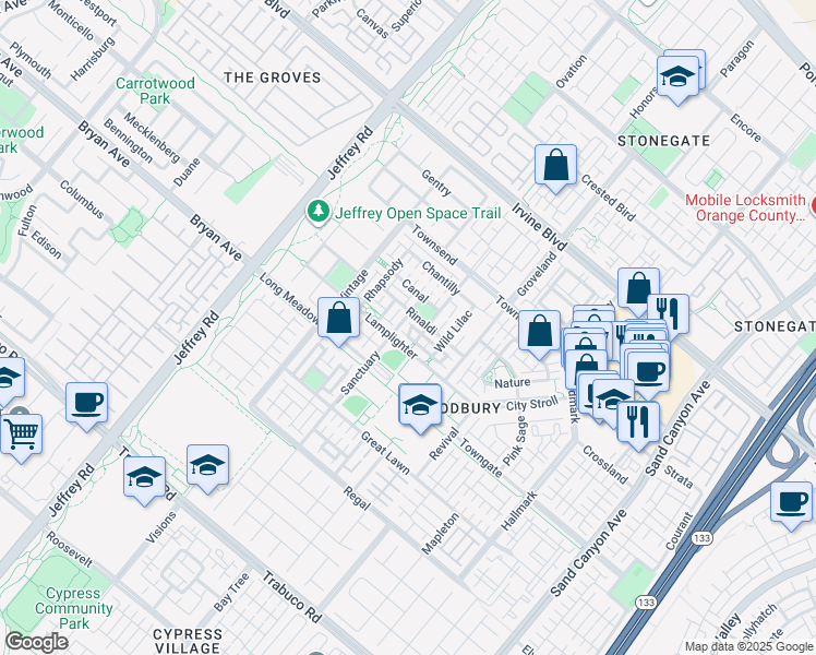 map of restaurants, bars, coffee shops, grocery stores, and more near 172 Sanctuary in Irvine
