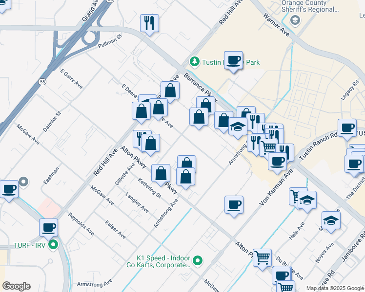 map of restaurants, bars, coffee shops, grocery stores, and more near 16800 Aston Street in Irvine