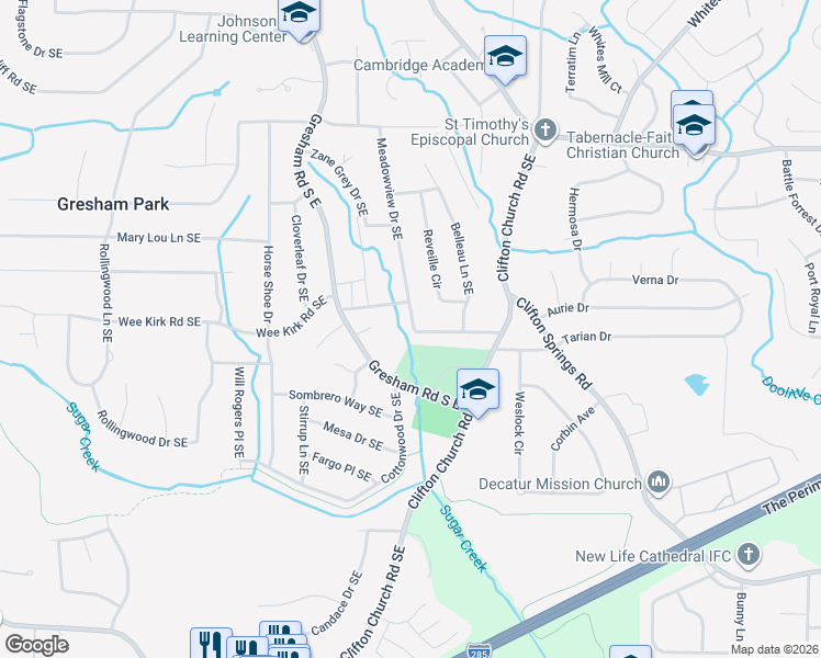 map of restaurants, bars, coffee shops, grocery stores, and more near 2953 Meadowview Drive Southeast in Atlanta