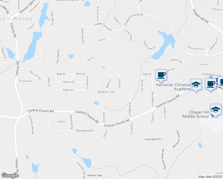 map of restaurants, bars, coffee shops, grocery stores, and more near 4820 Old Briar Trail in Douglasville