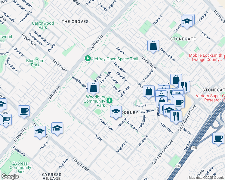 map of restaurants, bars, coffee shops, grocery stores, and more near 184 Sanctuary in Irvine