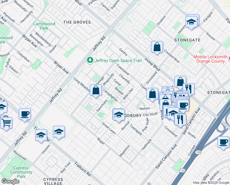 map of restaurants, bars, coffee shops, grocery stores, and more near 172 Sanctuary in Irvine