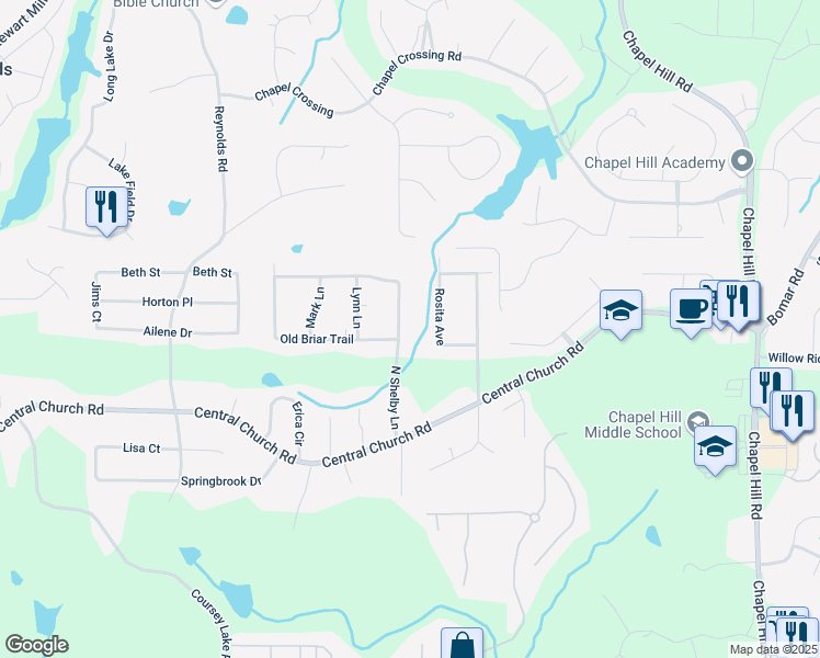 map of restaurants, bars, coffee shops, grocery stores, and more near 3870 North Shelby Lane in Douglasville