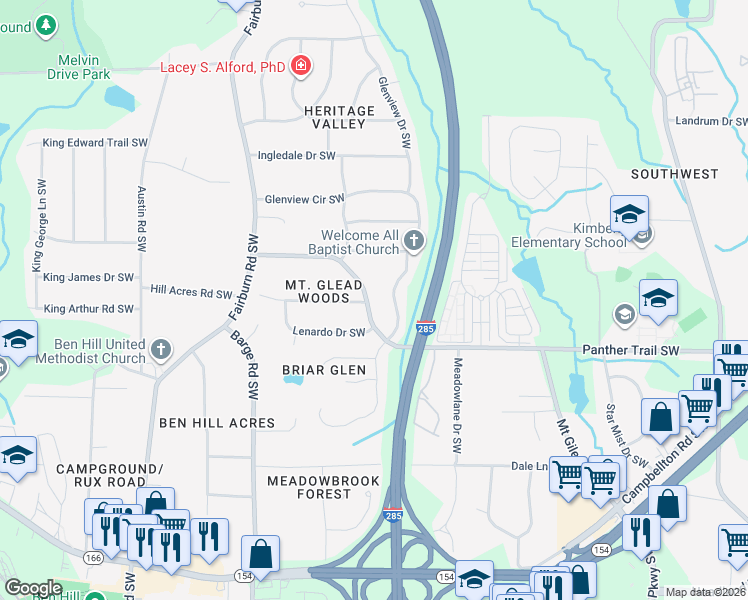 map of restaurants, bars, coffee shops, grocery stores, and more near 3439 Mount Gilead Road Southwest in Atlanta