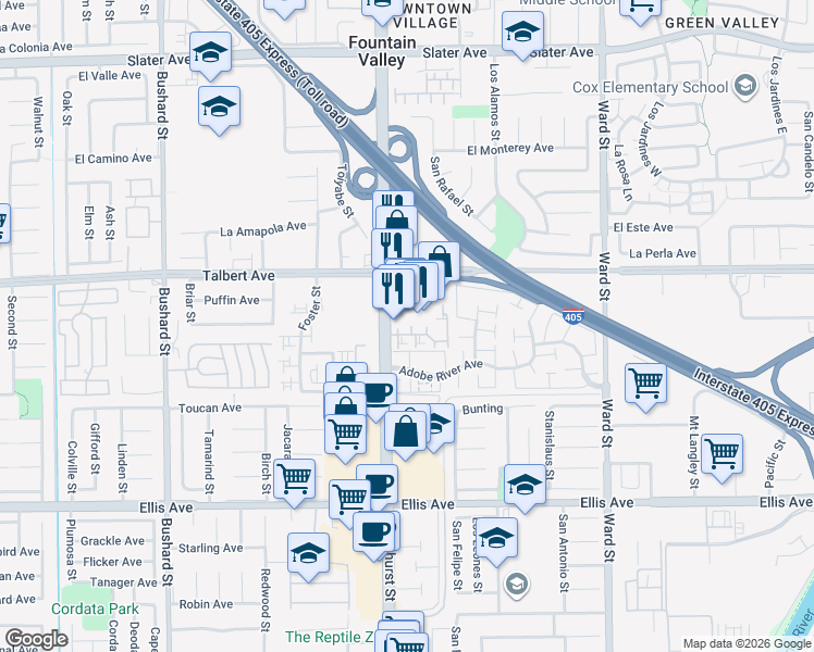 map of restaurants, bars, coffee shops, grocery stores, and more near 18052 Brookhurst Street in Fountain Valley