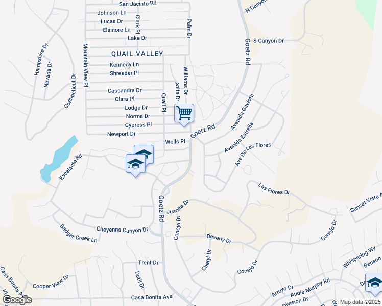 map of restaurants, bars, coffee shops, grocery stores, and more near 28968 Goetz Road in Menifee
