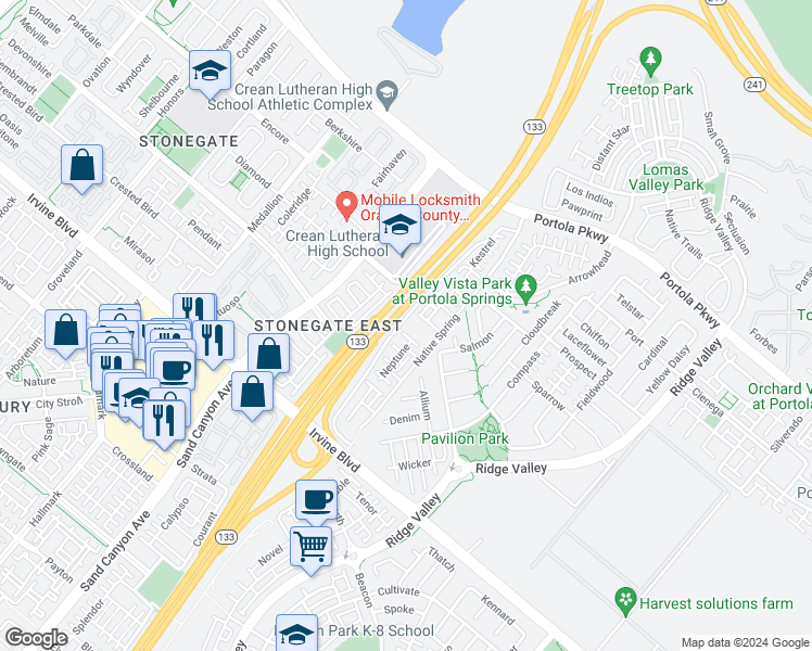 map of restaurants, bars, coffee shops, grocery stores, and more near in Irvine