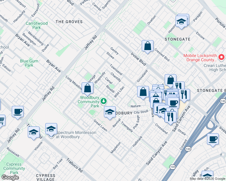 map of restaurants, bars, coffee shops, grocery stores, and more near 184 Sanctuary in Irvine