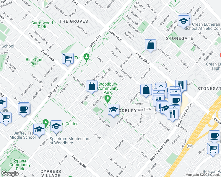 map of restaurants, bars, coffee shops, grocery stores, and more near 184 Sanctuary in Irvine