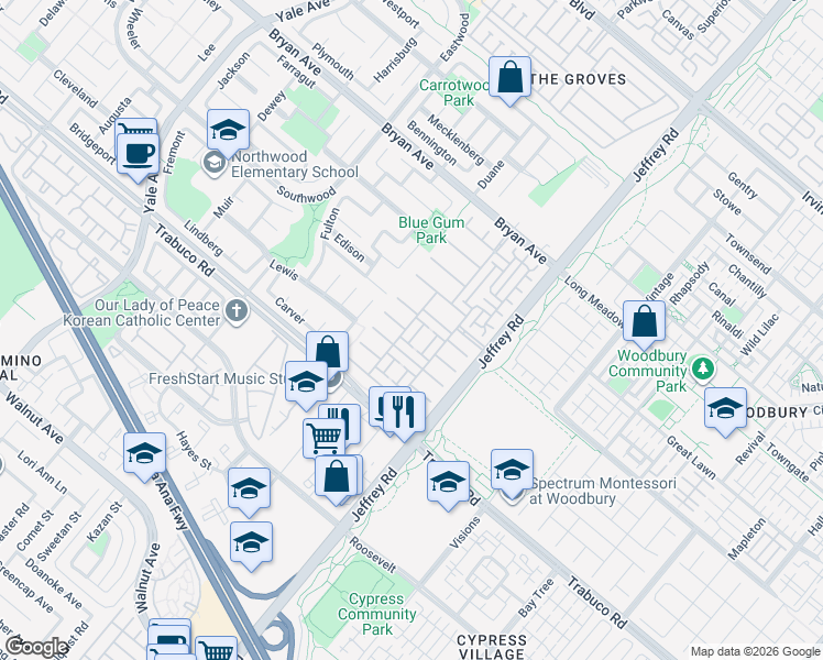 map of restaurants, bars, coffee shops, grocery stores, and more near 32 Torrey Pine in Irvine