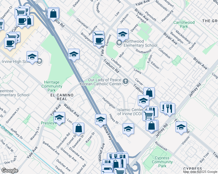 map of restaurants, bars, coffee shops, grocery stores, and more near 32 Pleasonton in Irvine