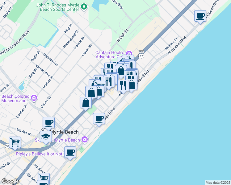 map of restaurants, bars, coffee shops, grocery stores, and more near 406 19th Avenue North in Myrtle Beach