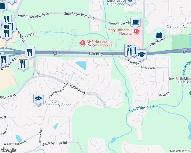 map of restaurants, bars, coffee shops, grocery stores, and more near 2795 Norfair Loop in Stonecrest