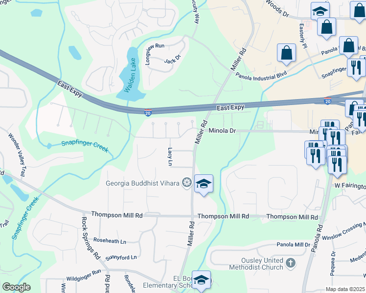 map of restaurants, bars, coffee shops, grocery stores, and more near 4960 Tadmore Lane in Stonecrest