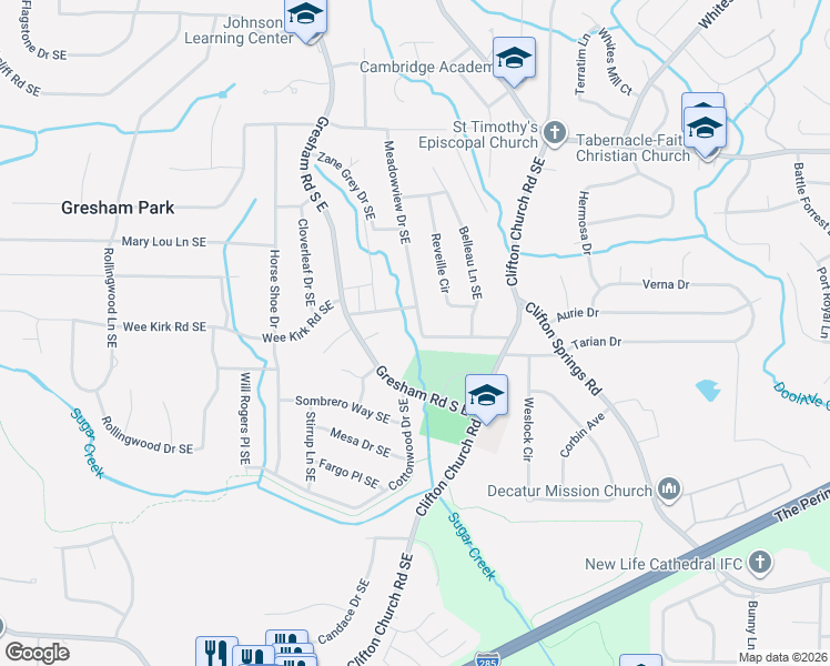 map of restaurants, bars, coffee shops, grocery stores, and more near 2941 Meadowview Drive Southeast in Atlanta