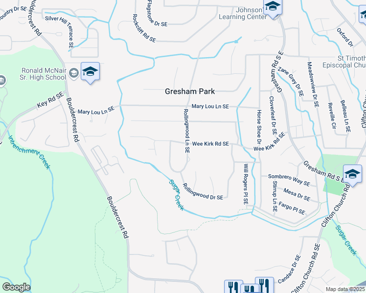 map of restaurants, bars, coffee shops, grocery stores, and more near 2975 Rollingwood Lane Southeast in Atlanta