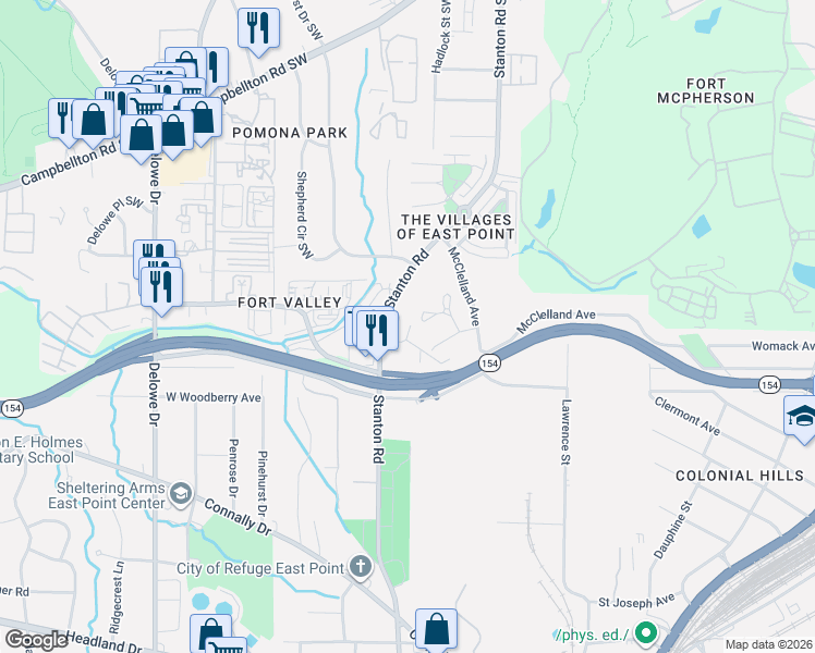 map of restaurants, bars, coffee shops, grocery stores, and more near 1759 Carter Circle in East Point