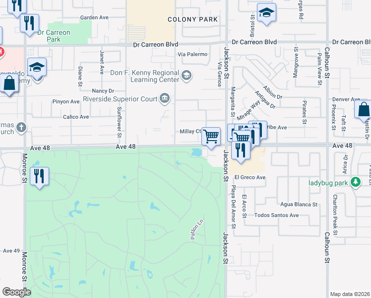 map of restaurants, bars, coffee shops, grocery stores, and more near 82840 Crawford Drive in Indio