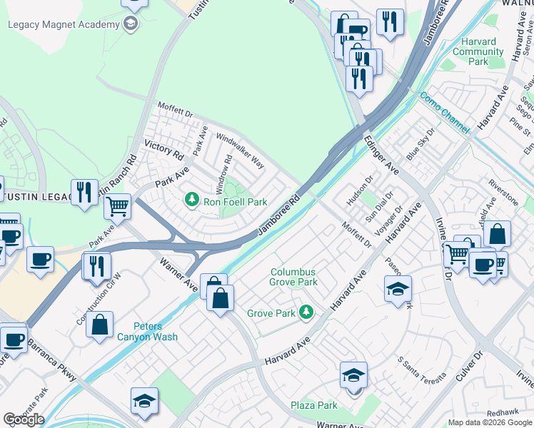 map of restaurants, bars, coffee shops, grocery stores, and more near 289 Barnes Road in Tustin