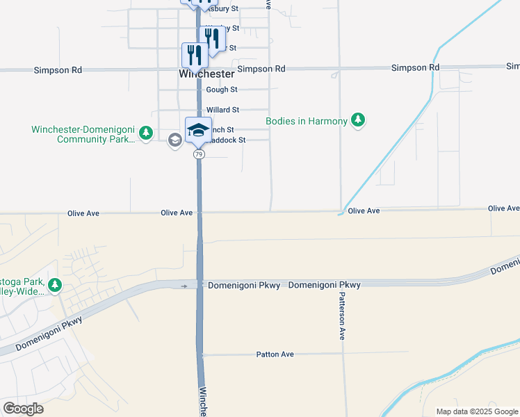 map of restaurants, bars, coffee shops, grocery stores, and more near Olive Street in Winchester