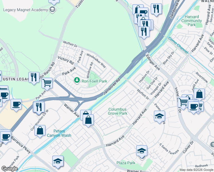 map of restaurants, bars, coffee shops, grocery stores, and more near 279 Barnes Road in Tustin