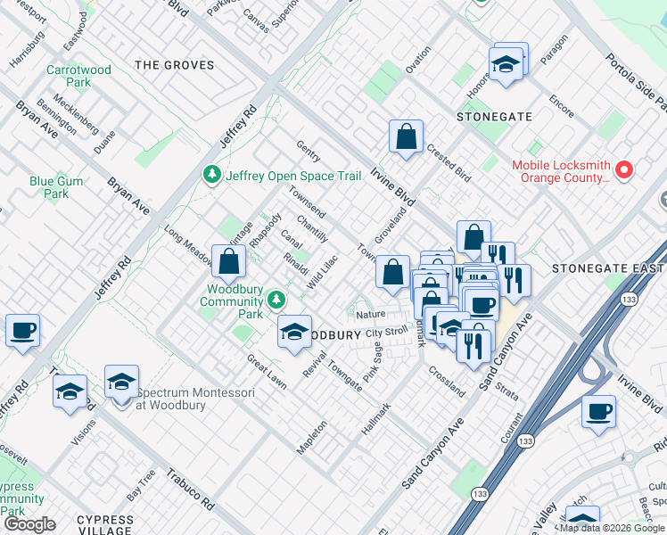 map of restaurants, bars, coffee shops, grocery stores, and more near 204 Guinevere in Irvine