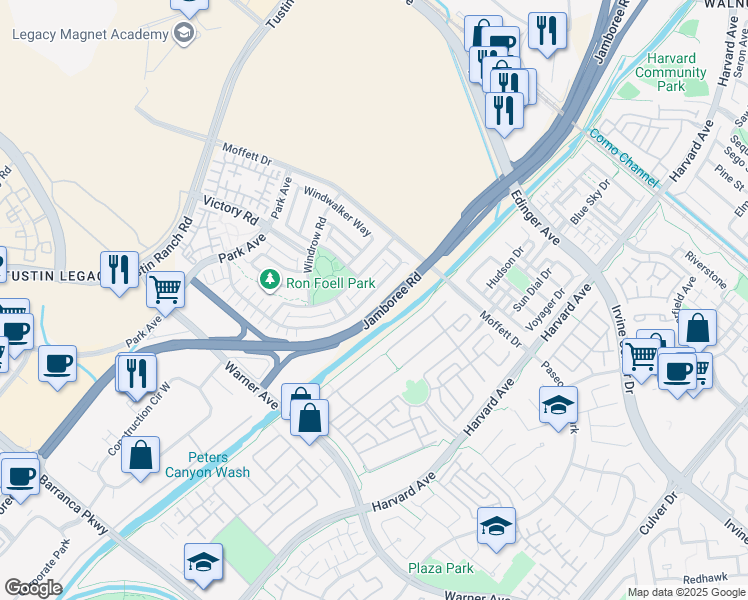 map of restaurants, bars, coffee shops, grocery stores, and more near 279 Barnes Road in Tustin