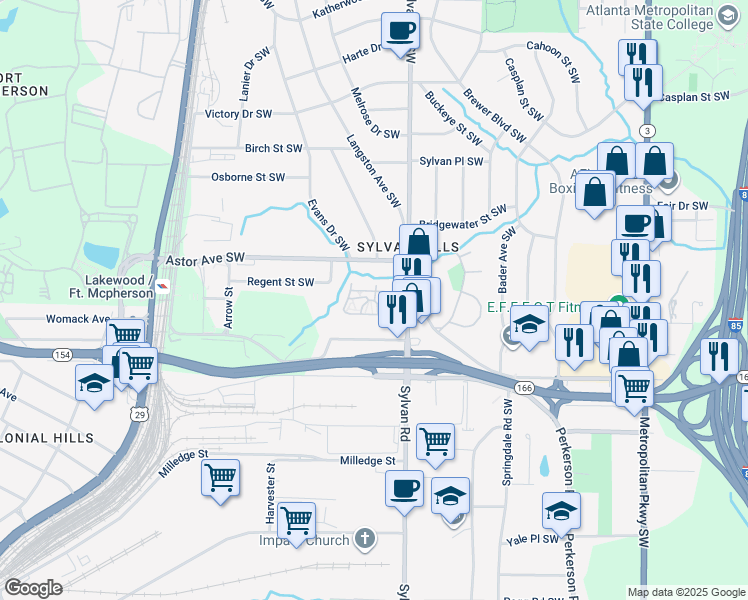 map of restaurants, bars, coffee shops, grocery stores, and more near 2001 Sylvan Road Southwest in Atlanta
