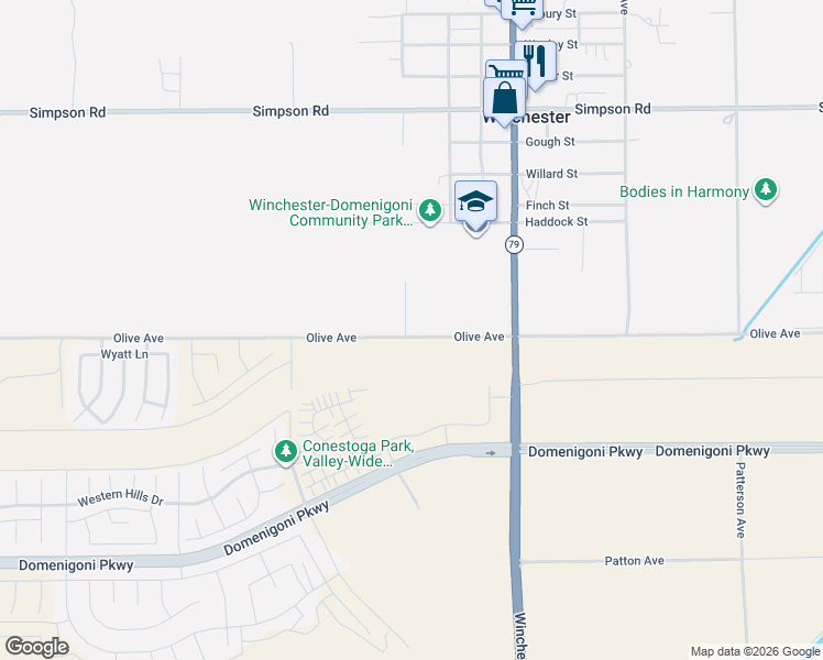 map of restaurants, bars, coffee shops, grocery stores, and more near 32810 Olive Avenue in Winchester