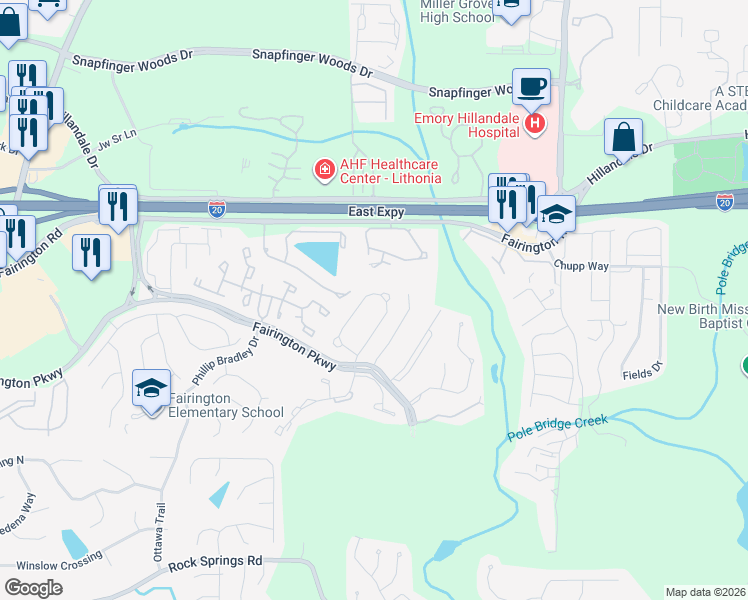 map of restaurants, bars, coffee shops, grocery stores, and more near 2795 Norfair Loop in Stonecrest