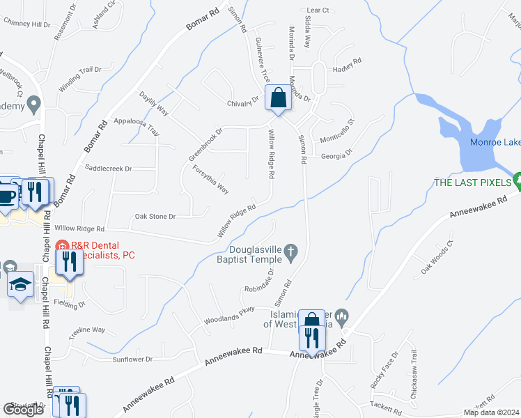 map of restaurants, bars, coffee shops, grocery stores, and more near 3895 Willow Ridge Road in Douglasville
