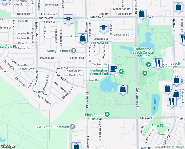map of restaurants, bars, coffee shops, grocery stores, and more near 18061 Freshwater Circle in Huntington Beach