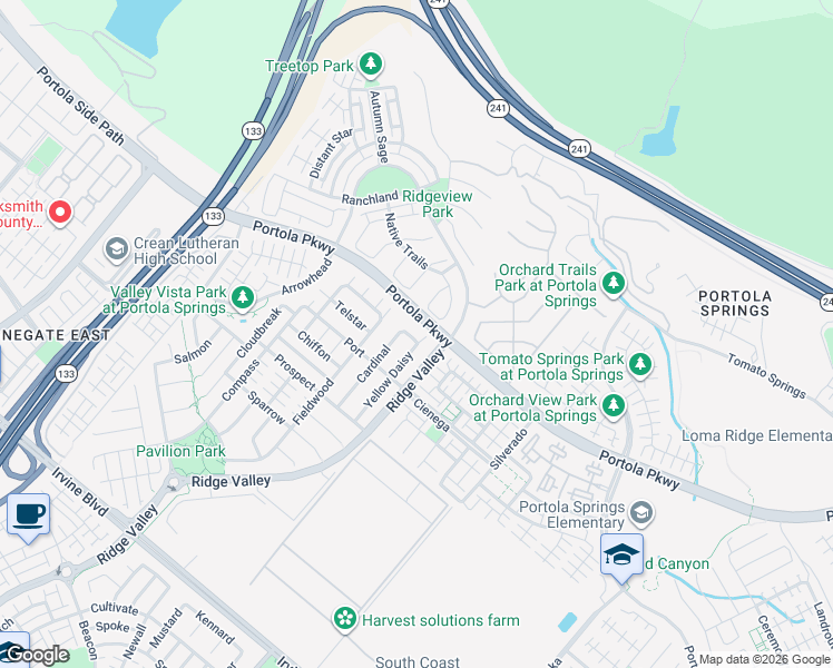 map of restaurants, bars, coffee shops, grocery stores, and more near 105 Cardinal in Irvine