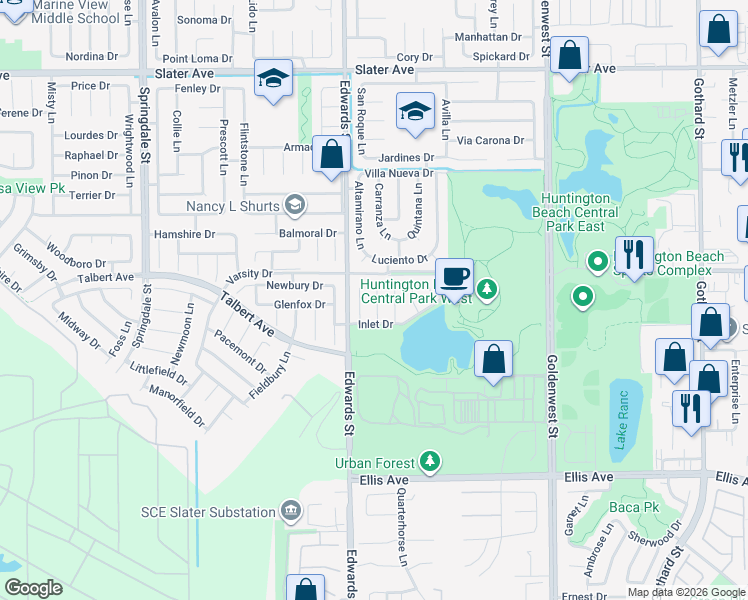 map of restaurants, bars, coffee shops, grocery stores, and more near 18061 Freshwater Circle in Huntington Beach