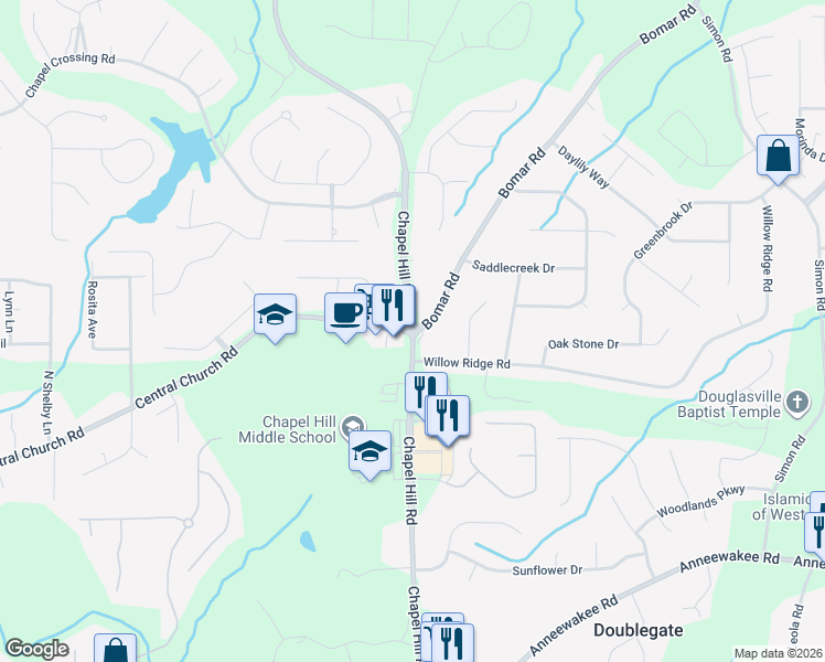 map of restaurants, bars, coffee shops, grocery stores, and more near 3859 Bomar Road in Douglasville